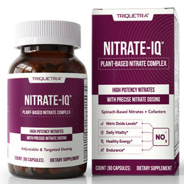 Triquetra NITRATE-IQ plant-based nitrate complex bottle and box showing 90 capsules 