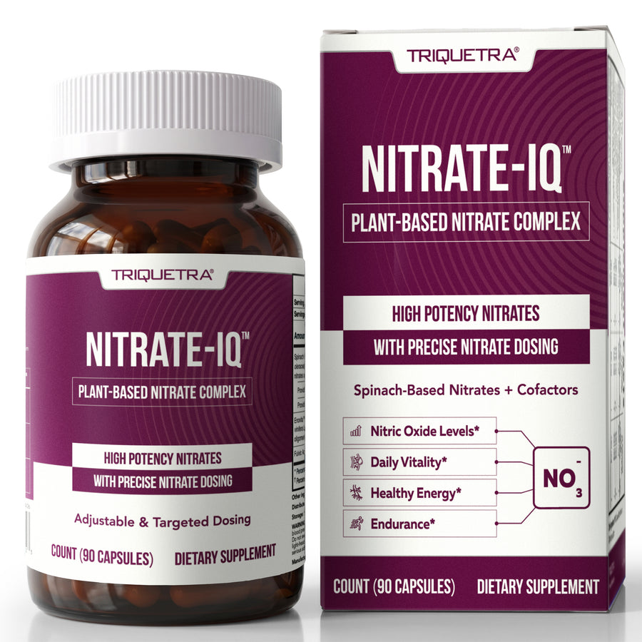 Triquetra NITRATE-IQ plant-based nitrate complex bottle and box showing 90 capsules 