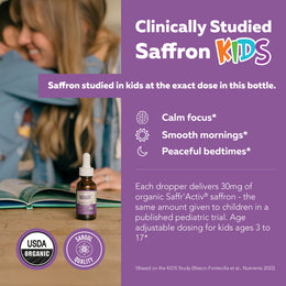 Saffron Kids bottle near hugging parent; graphic showing clinically studied 30mg dose for calm focus and peaceful sleep