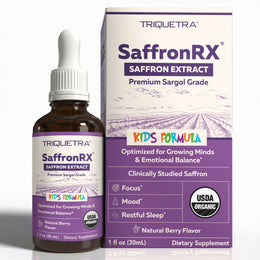 Triquetra SaffronRX Kids organic saffron liquid drops; 1 fl oz dropper bottle and box