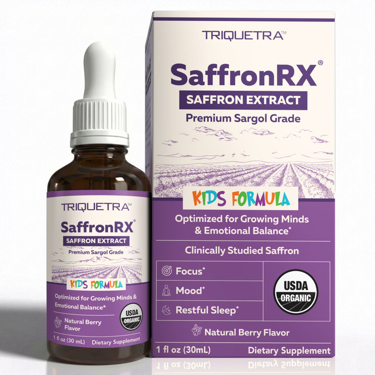 Triquetra SaffronRX Kids organic saffron liquid drops; 1 fl oz dropper bottle and box