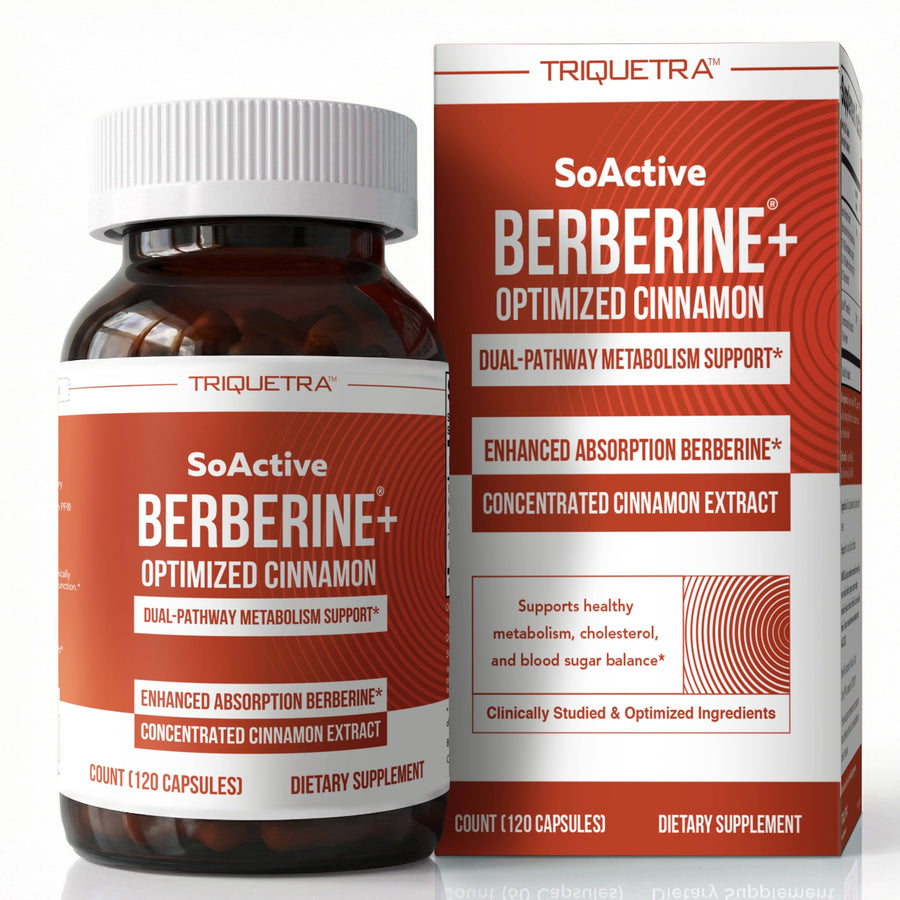 Triquetra SoActive Berberine + Optimized Cinnamon supplement bottle and box for dual-pathway metabolic support and healthy blood sugar balance*