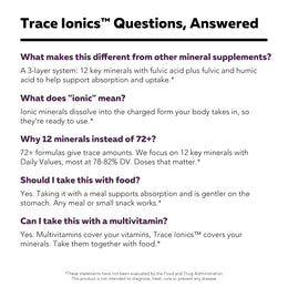 Trace Ionics Questions Answered panel covering ionic minerals, 12-mineral focus, food, and multivitamins