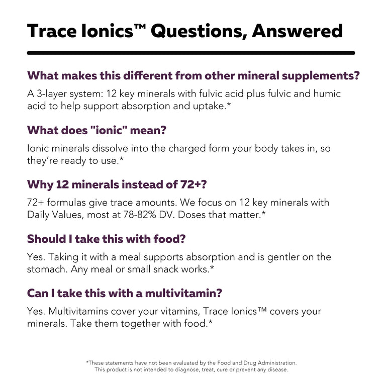 Trace Ionics Questions Answered panel covering ionic minerals, 12-mineral focus, food, and multivitamins