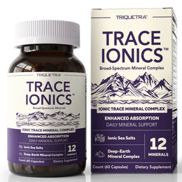 Triquetra Trace Ionics trace mineral supplement box and 60-capsule amber bottle. Ionic Minerals + Fulvic Acid