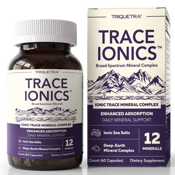 Triquetra Trace Ionics trace mineral supplement box and 60-capsule amber bottle. Ionic Minerals + Fulvic Acid
