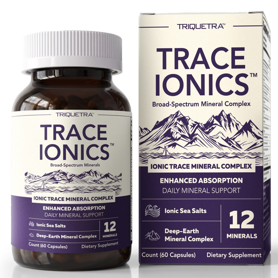 Triquetra Trace Ionics trace mineral supplement box and 60-capsule amber bottle. Ionic Minerals + Fulvic Acid