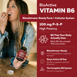 Woman taking BioActive B6 supplement capsule as part of daily wellness routine