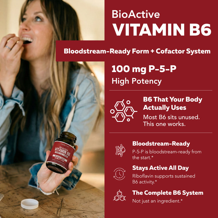 Woman taking BioActive B6 supplement capsule as part of daily wellness routine