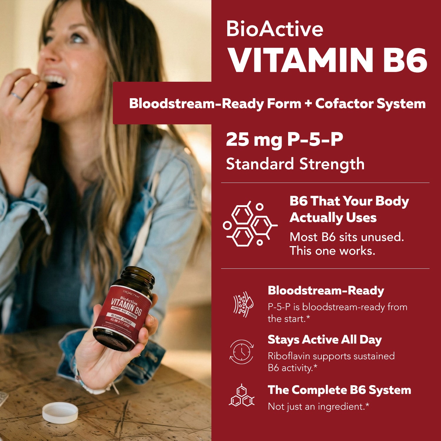 Woman taking BioActive B6 supplement capsule as part of daily wellness routine