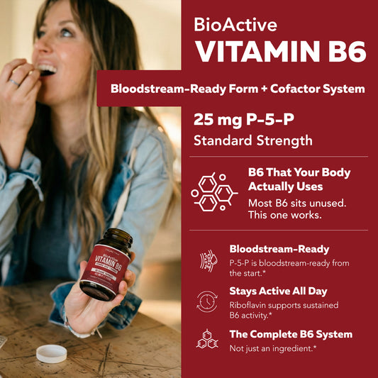 Woman taking BioActive B6 supplement capsule as part of daily wellness routine