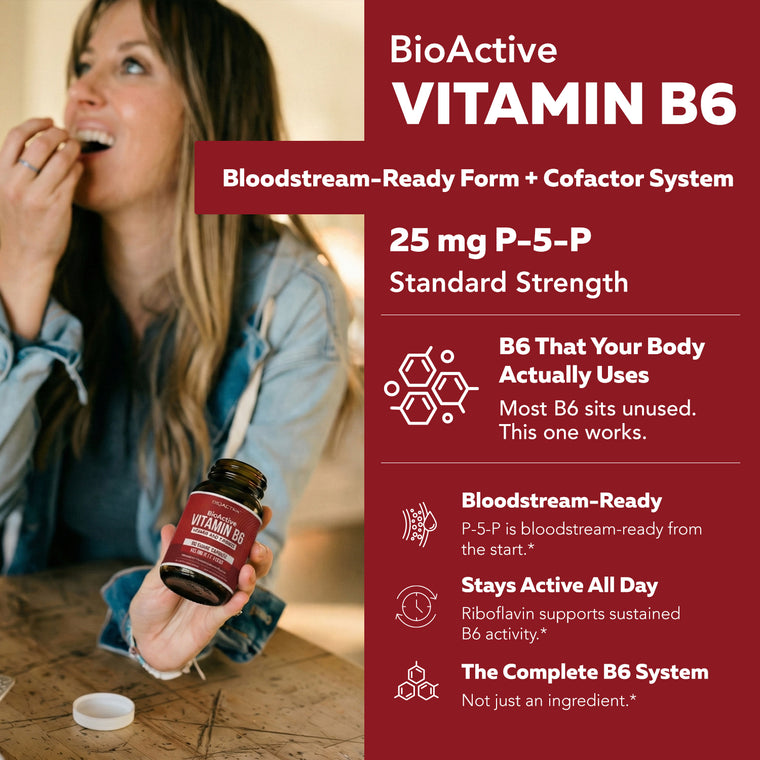 Woman taking BioActive B6 supplement capsule as part of daily wellness routine