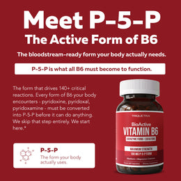 BioActive Vitamin B6 P-5-P active form diagram showing conversion of B6 into its coenzyme form with supplement bottle