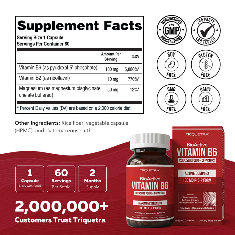BioActive Vitamin B6 supplement facts panel showing P-5-P 100mg, riboflavin, and magnesium with GMP and third-party tested icons