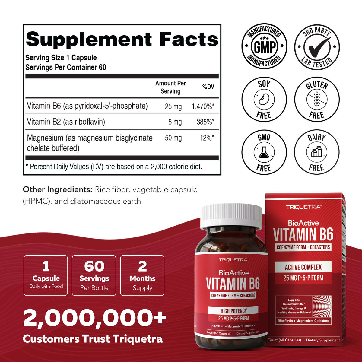 BioActive Vitamin B6 supplement facts panel showing P-5-P 25mg, riboflavin, and magnesium with GMP and third-party tested icons