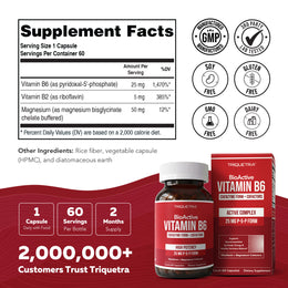 BioActive Vitamin B6 supplement facts panel showing P-5-P 25mg, riboflavin, and magnesium with GMP and third-party tested icons