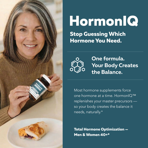 Woman holding HormonIQ bottle beside text explaining its natural total hormone optimization formula for men and women 40