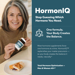 Woman holding HormonIQ bottle beside text explaining its natural total hormone optimization formula for men and women 40