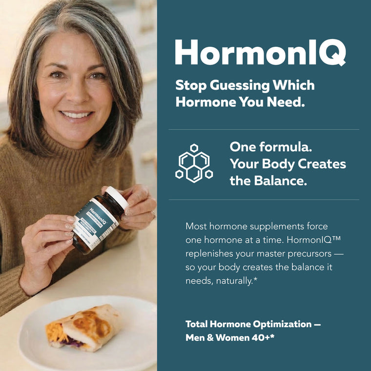 Woman holding HormonIQ bottle beside text explaining its natural total hormone optimization formula for men and women 40